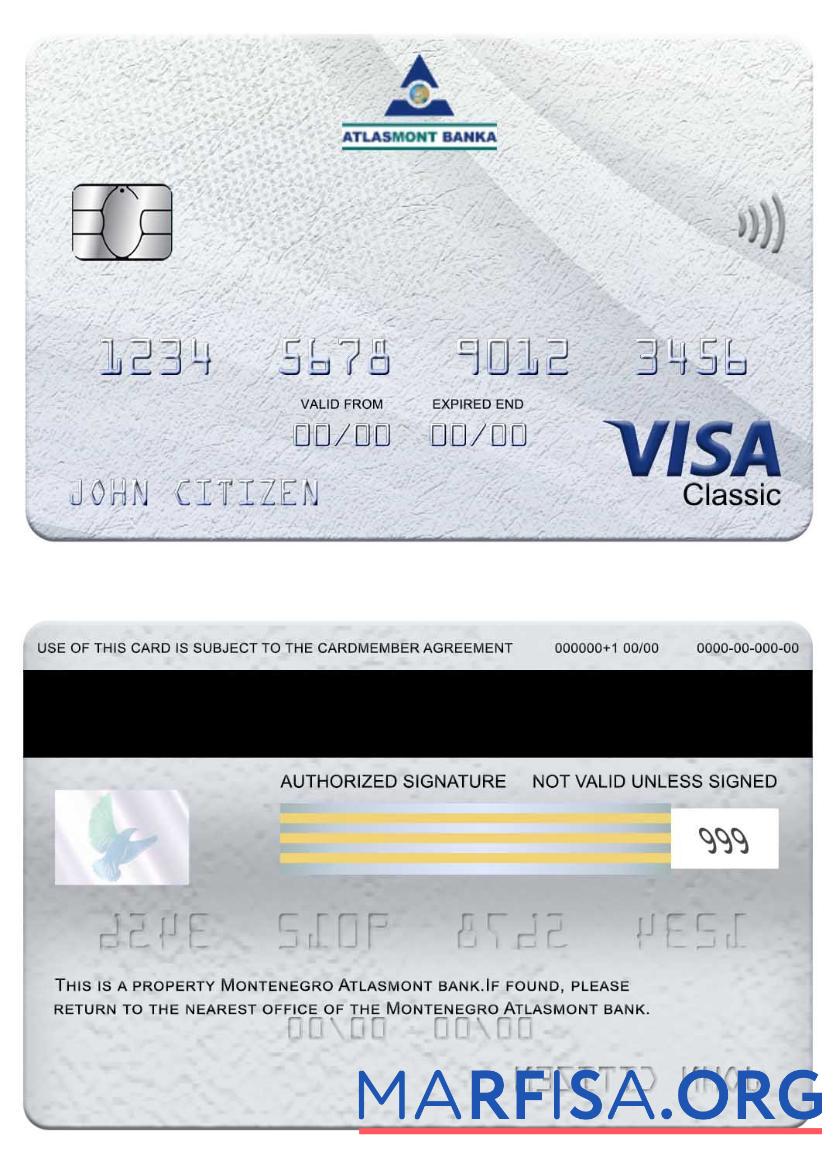 Blank Montenegro Atlasmont Bank visa classic card sample